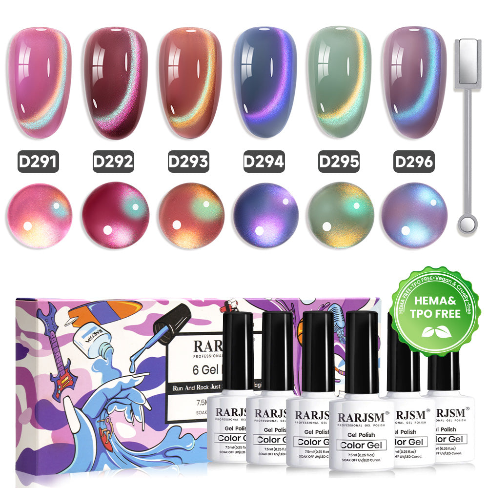 RARJSM Rainbow Gems cat eye gel polish 6 bottles 7.5ml D291-D296 magnetic wand HEMA TPO free vegan multicolor shifting shimmer
