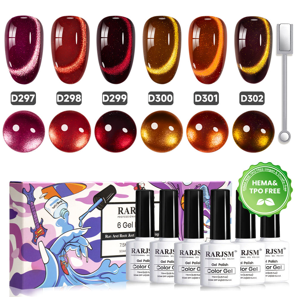RARJSM Rock Velvet cat eye gel polish 6 bottles 7.5ml D297-D302 HEMA TPO free vegan autumn fall gift set
