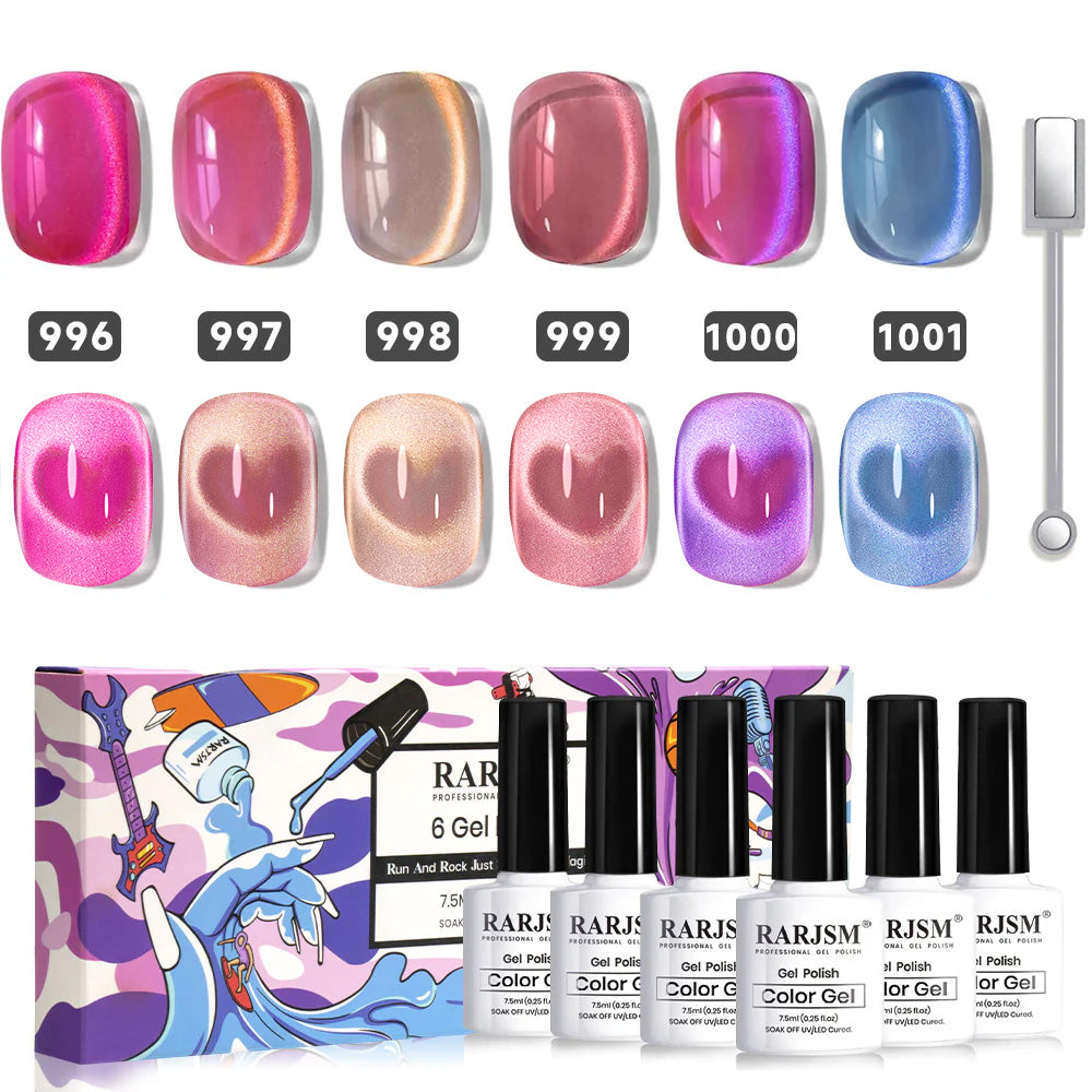 Colorful ceramic cat eye gel polish set 996-1001 showing 6 magnetic colors hot pink coral nude mauve purple blue for Valentine's Day, TPO HEMA free
