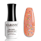Peachy Sparkle R399 coral orange glitter gel polish bottle 15ml with iridescent sparkle swatch TPO HEMA free
