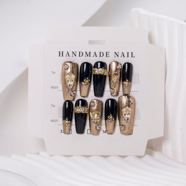 Handmade-"Black gold Hepburn retro style " Press On Nails