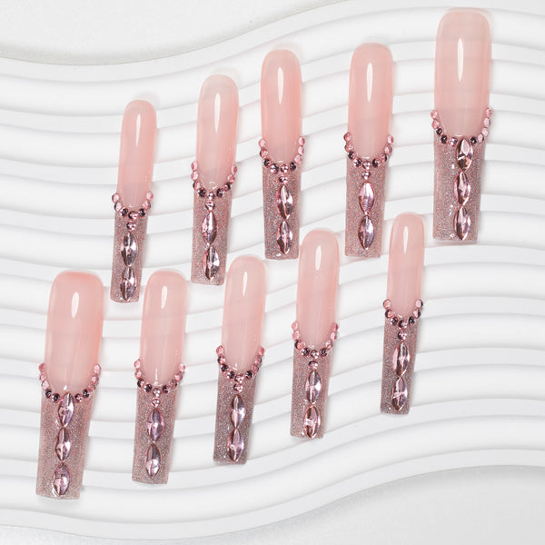 Handmade-"Rose diamond necklace" Shiny Glitter Press On Nails
