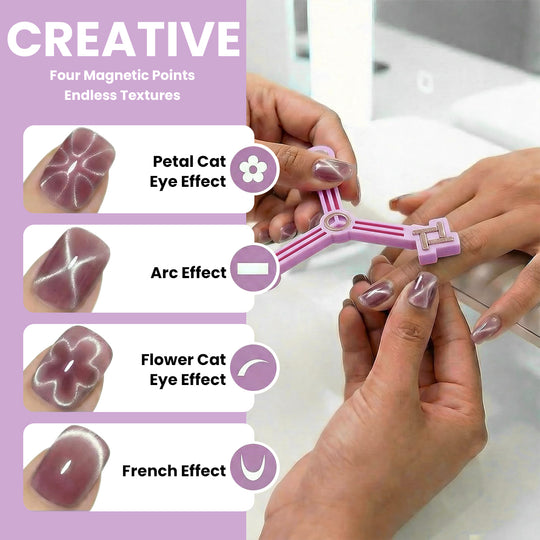 RARJSM trident magnet creative four magnetic points endless textures petal cat eye arc effect flower cat eye French effect demonstration on nails
