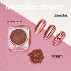 Metallic roses chrome powder showing starry effect mirror effect and 3D effect nail swatches