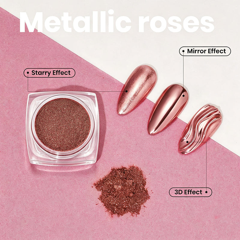 Metallic roses chrome powder showing starry effect mirror effect and 3D effect nail swatches