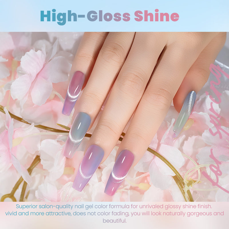 High-gloss shine spring whimsy macaron cat eye gel polish salon-quality glossy finish soft pastels dreamy romantic spring nails

