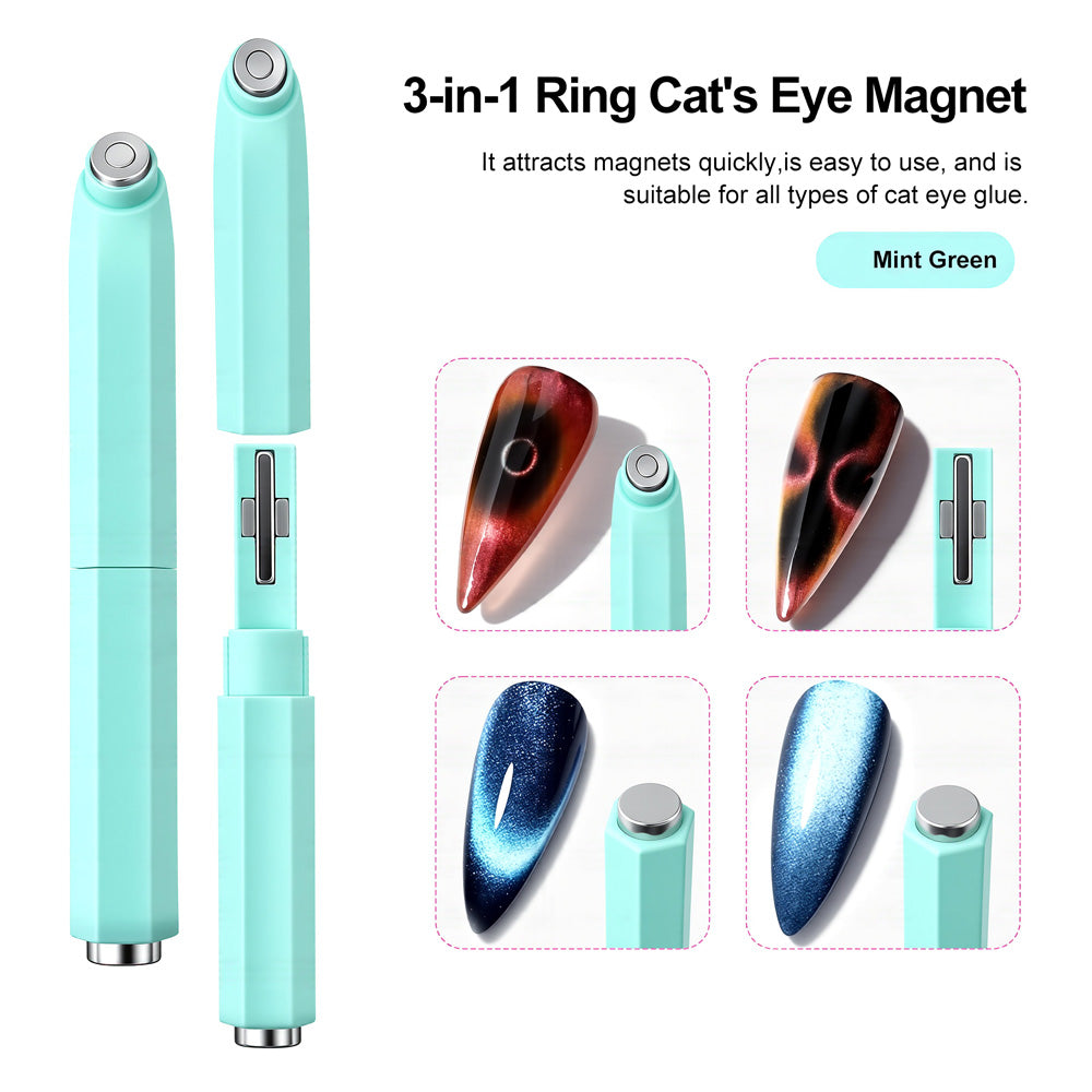 3-in-1 ring cat eye magnet mint green creating circular gourd diagonal effects on gel polish nail art
