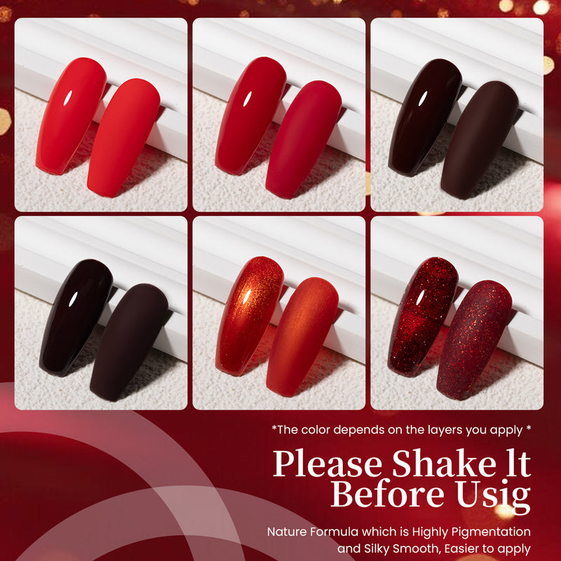 Red burgundy gradient gel polish swatches showing color progression bright crimson to dark chocolate copper shimmer
