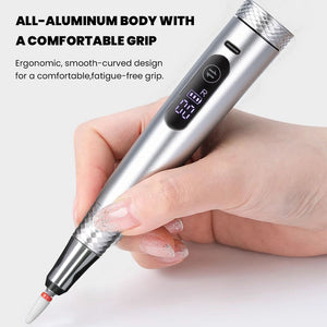 Ergonomic aluminum nail drill comfortable grip fatigue-free cordless electric manicure tool professional use
