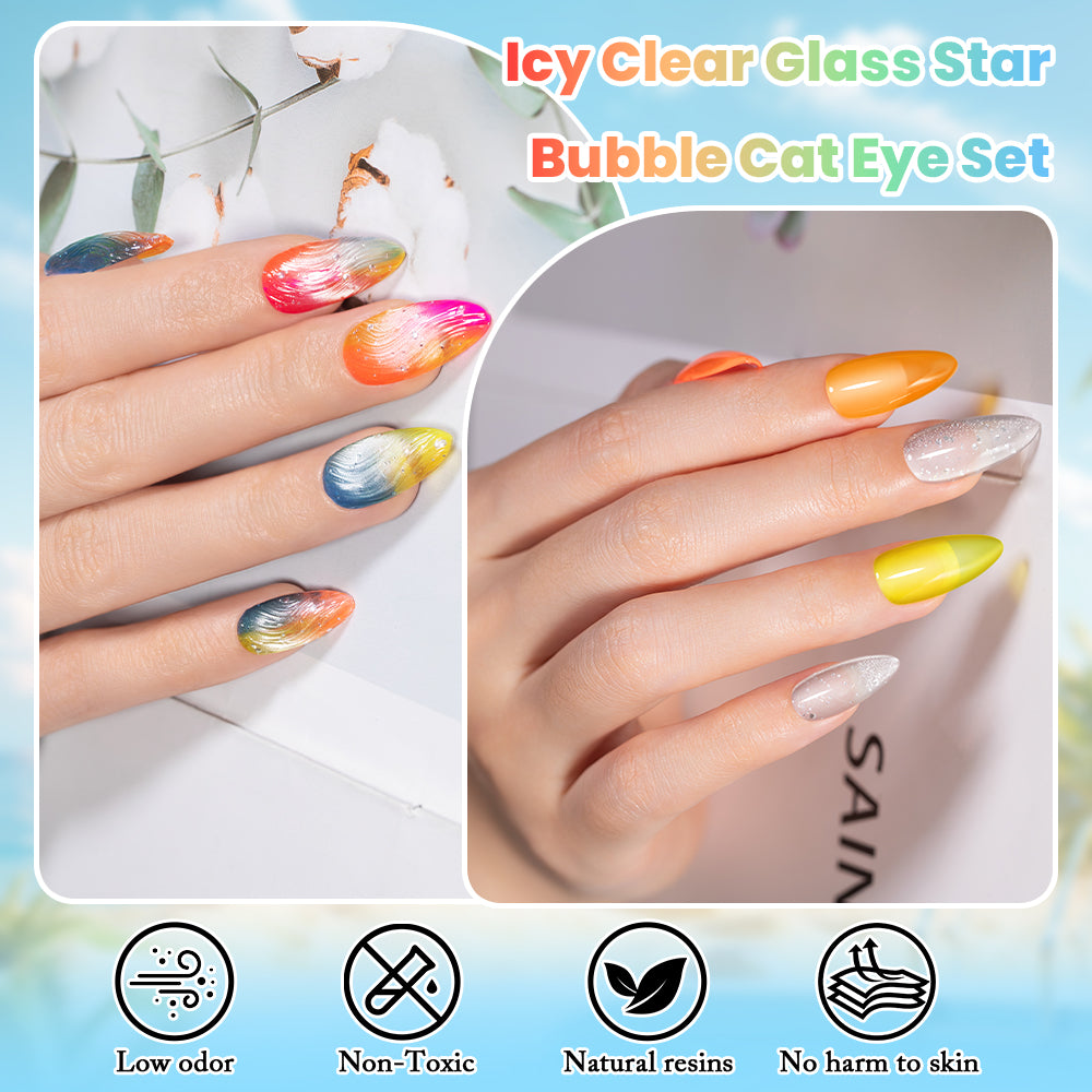 Neon Crystal Bubbly Cat Eye Gel Polish Set - 5 Summer Jelly Colors & 1 Crystal Bubbly Topper 7.5ml - RARJSM TPO & HEMA Free