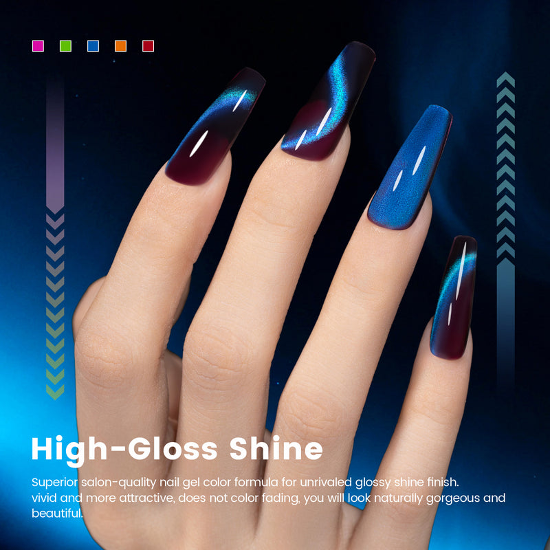 High-gloss shine blue aurora cat eye nails salon-quality glossy finish vivid attractive does not fade
