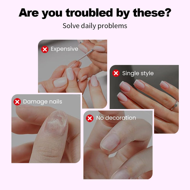 Common nail art problems comparison expensive salon visits single style damage nails no decoration versus RARJSM 8-in-1 solution affordable variety safe 