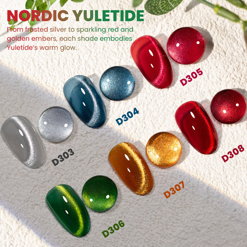 Nordic Yuletide cat eye gel polish swatches 6 colors D303-D308 frosted silver cranberry evergreen gold

