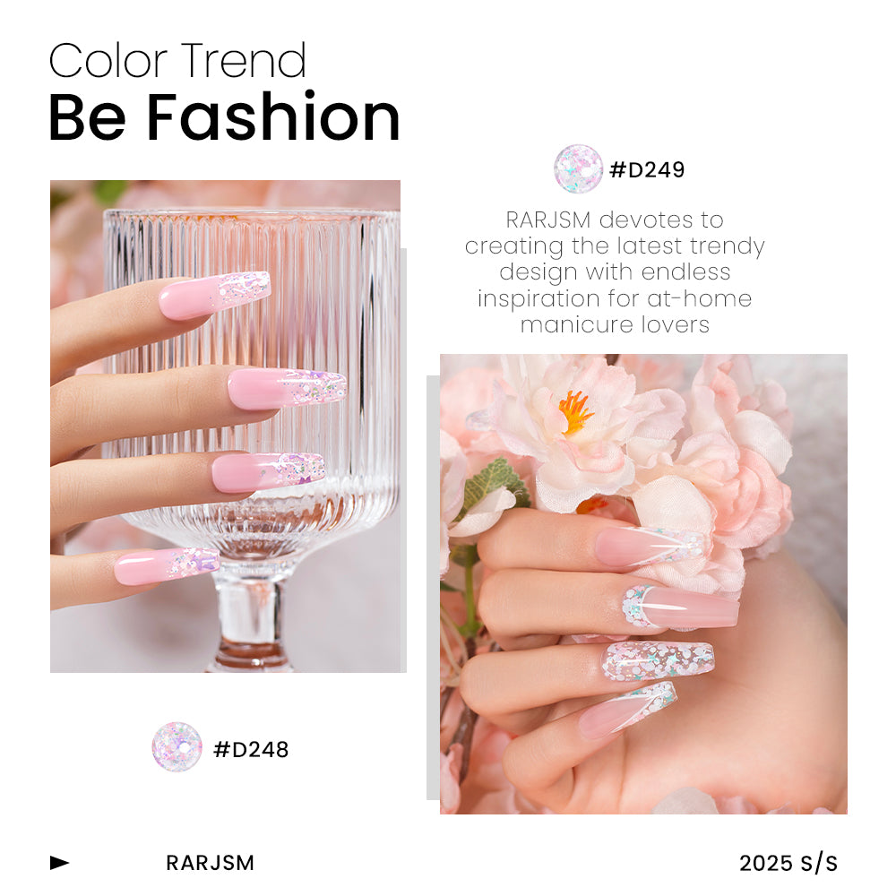 Summer Blossom glitter gel polish on nails showing translucent jelly confetti flower petals spring summer wedding nail art
