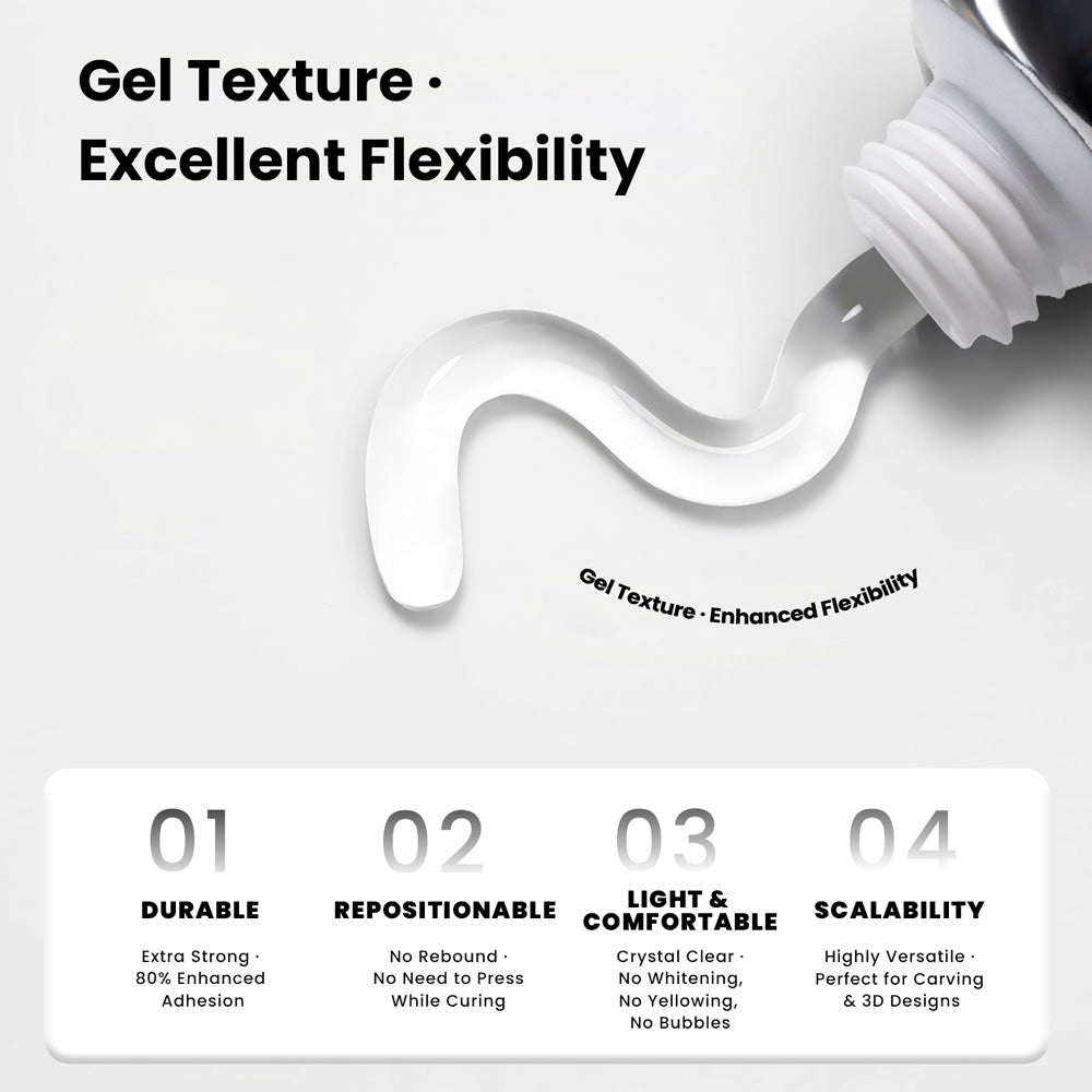 Gel texture excellent flexibility durable repositionable light comfortable scalability enhanced adhesion crystal clear
