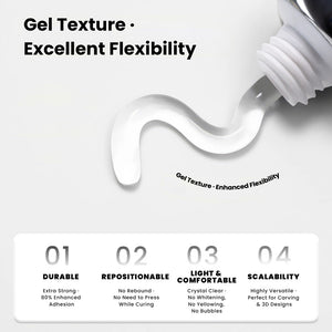 Gel texture excellent flexibility durable repositionable light comfortable scalability enhanced adhesion crystal clear
