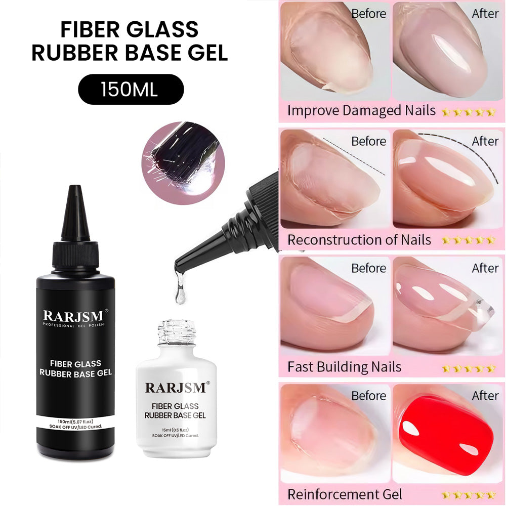 Fiber Glass Rubber Base Gel 150ml 15ml professional strengthening nail extension builder 50% glass fiber rubber texture
