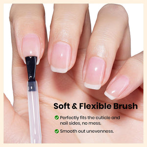 Soft flexible brush base coat fits perfectly close to cuticle nail sides no mess smooth even application
