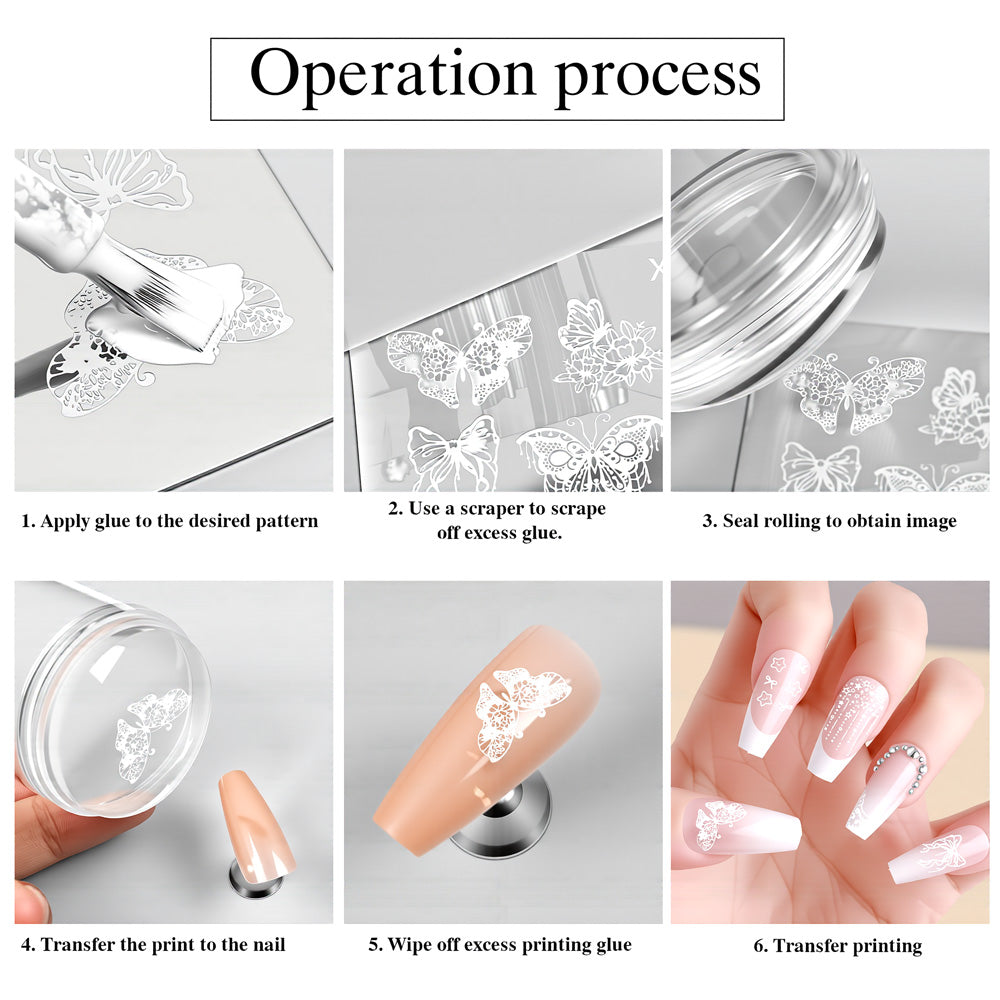 Nail stamping operation process apply glue scrape transfer wipe clean six-step tutorial butterfly floral patterns
