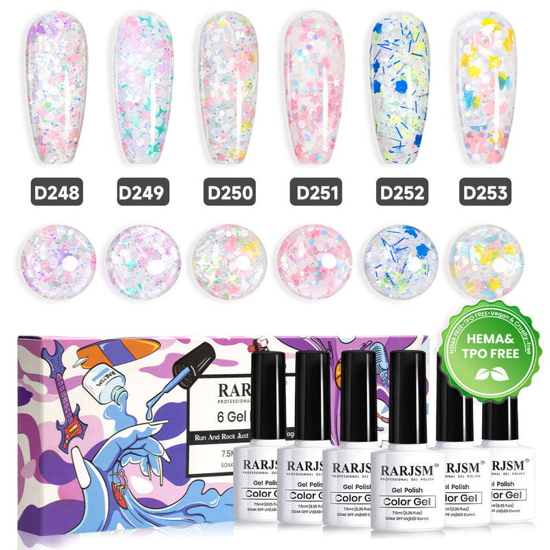 RARJSM Summer Blossom glitter gel polish 6 bottles 7.5ml D248-D253 HEMA TPO free vegan translucent confetti flower petals
