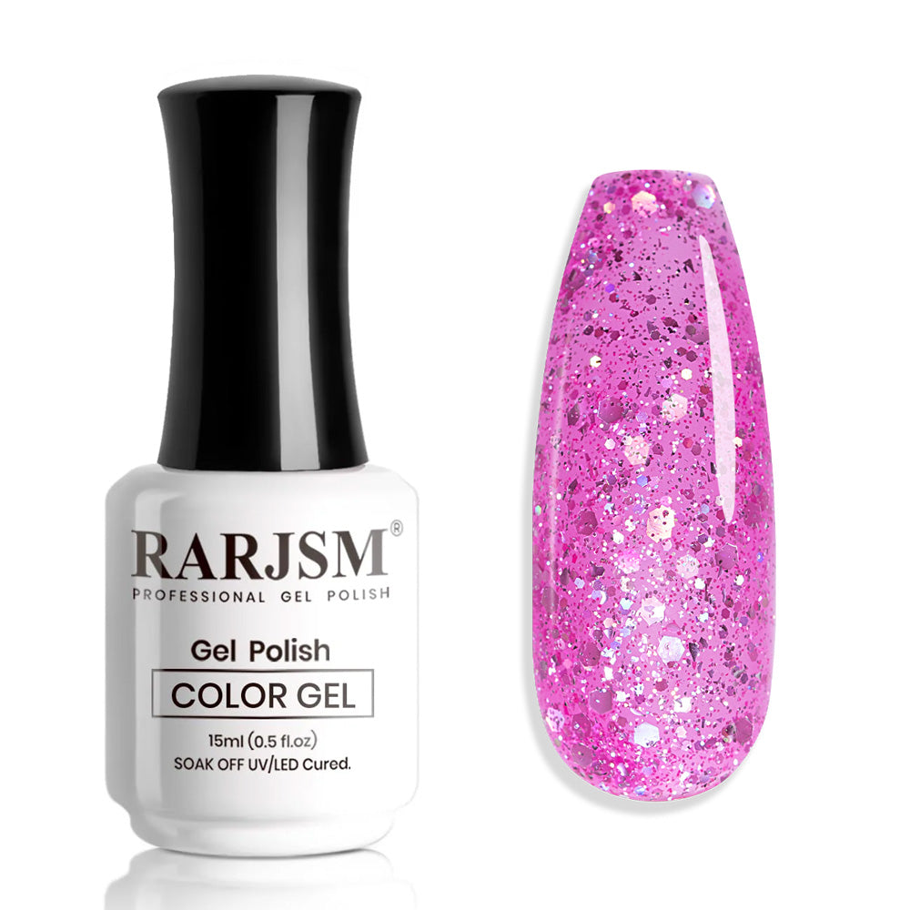 Pink Stardust R405 glitter gel polish bottle 15ml with iridescent pink sparkle swatch TPO HEMA free
