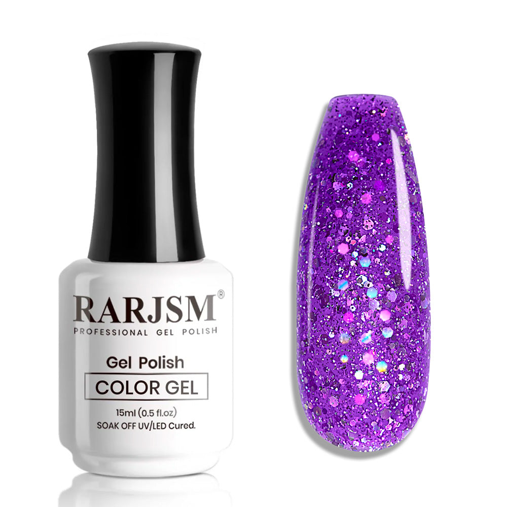 Amethyst Glitter R406 purple gel polish bottle 15ml with iridescent sparkle swatch TPO HEMA free
