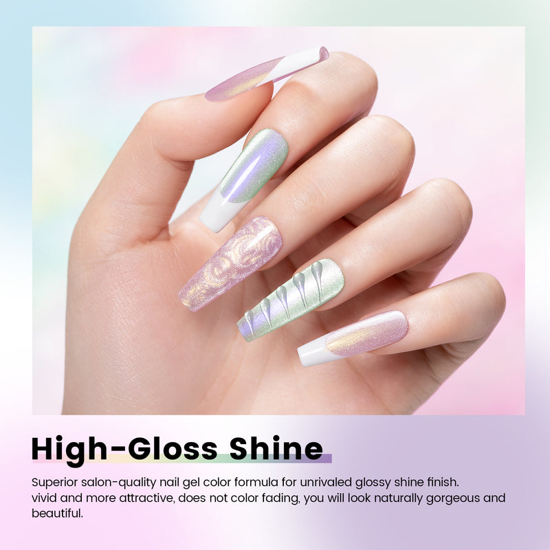 High-gloss shine ethereal glow diamond pearl cat eye gel polish salon-quality glossy finish luminous pastel shimmer dreamy magical
