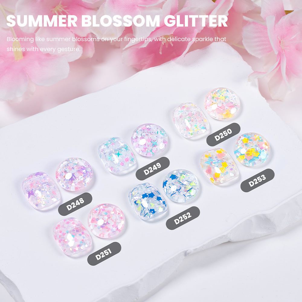 Summer Blossom glitter gel polish swatches 6 colors D248-D253 lavender cherry rainbow rose ocean sunshine confetti flower petals holographic

