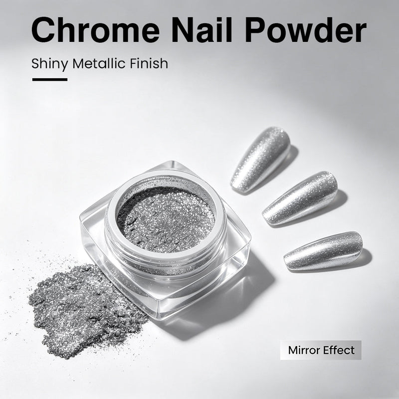RARJSM Chrome Powder lifestyle flatlay showing versatile nail art designs