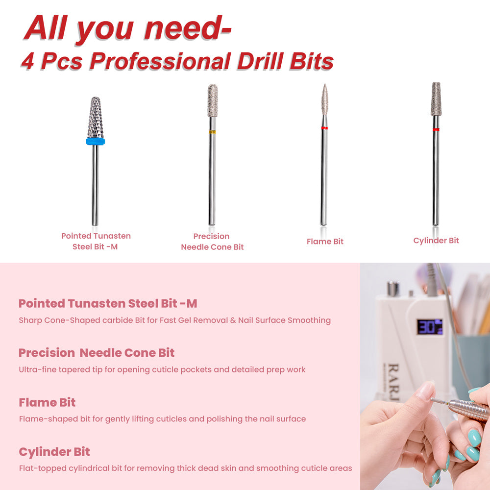 4 drill bits functions pointed steel gel removal needle cone cuticle prep flame lifting cylinder dead skin smoothing
