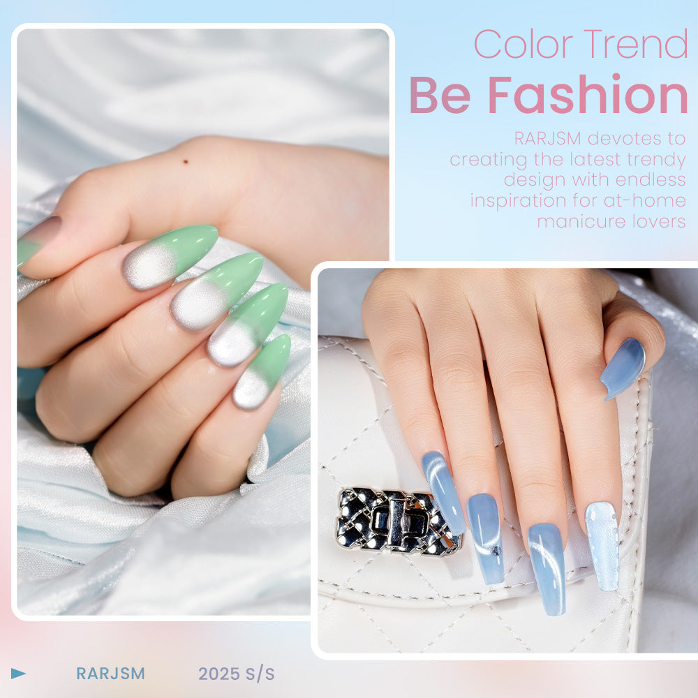 Color trend be fashion spring whimsy macaron meets cat eye gel polish mint soufflé vanilla beam white topper creative nail art layering
