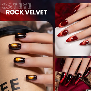 Rock Velvet cat eye gel polish on nails showing metallic shimmer molten lava effect autumn fall nail art
