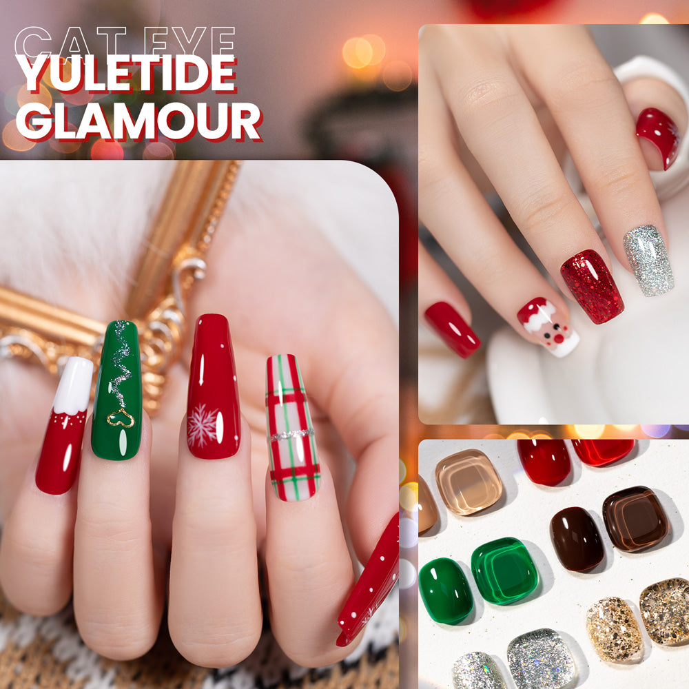 Christmas gel polish on nails showing holographic glitter HEMA TPO free vegan Yuletide Glamour colors
