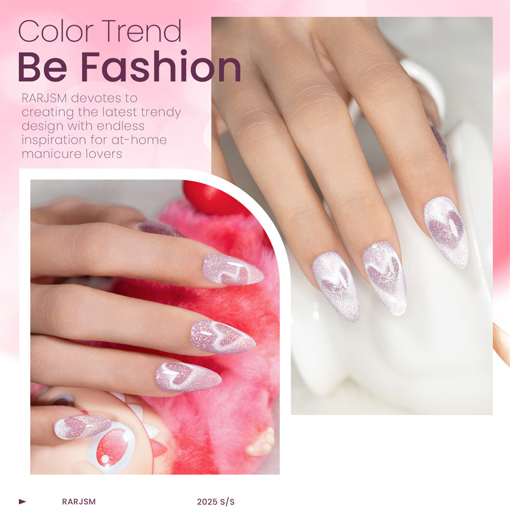 Romantic shimmer gel polish Valentine heart nail art pink purple glitter manicure 2025 spring trend professional quality
