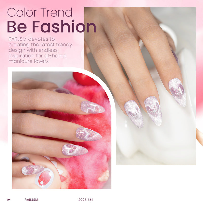 Romantic shimmer gel polish Valentine heart nail art pink purple glitter manicure 2025 spring trend professional quality
