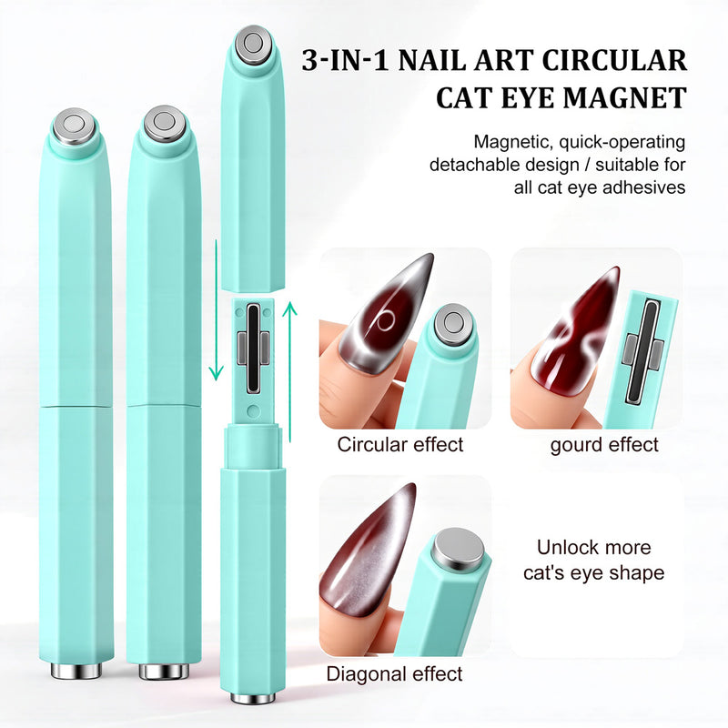 3-in-1 ring cat eye magnet tool mint green detachable design three magnetic tips professional nail art wand strong magnetic force
