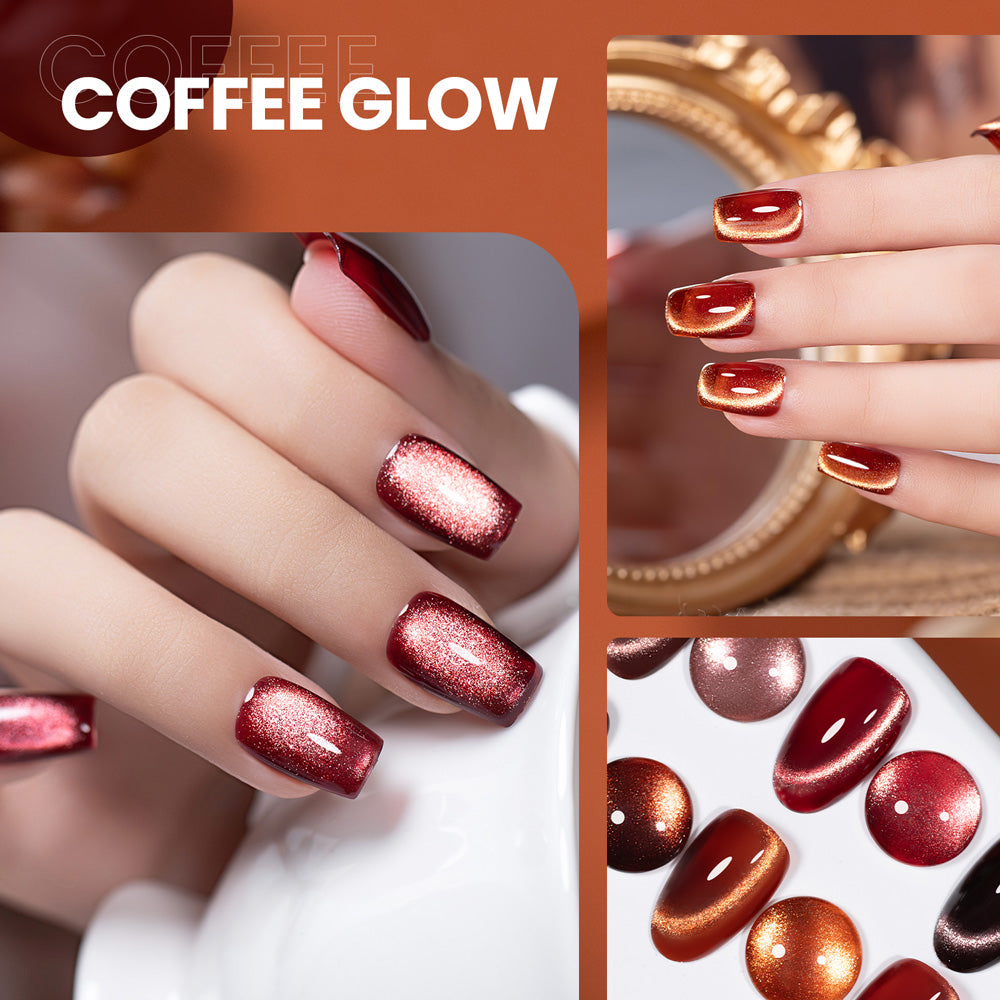 Coffee Glow cat eye gel polish on nails showing warm metallic shimmer mocha espresso caramel autumn fall nail art
