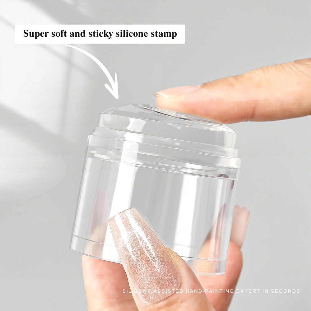 Clear silicone nail stamper with protective cover transparent design precise placement reusable alcohol-wipeable
