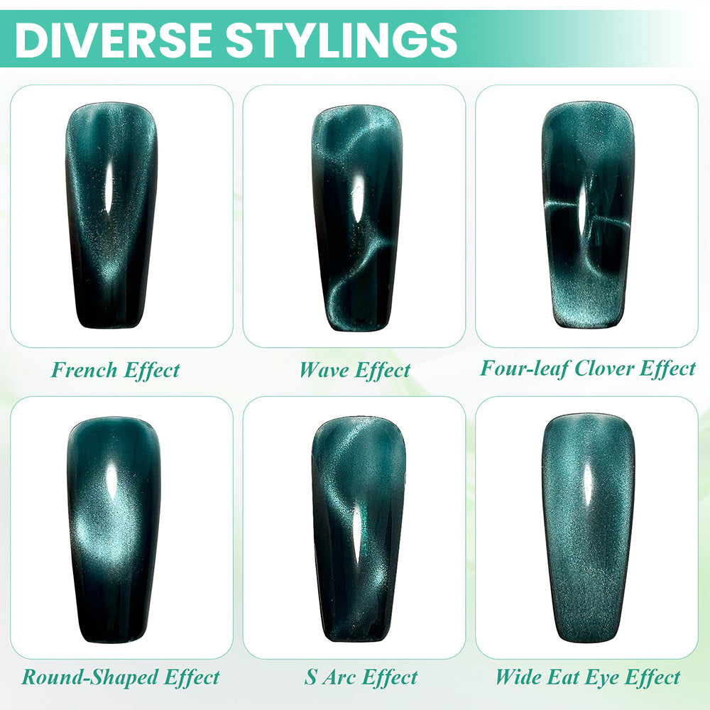 RARJSM 4-in-1 cat eye magnet diverse stylings six effects French effect wave effect four-leaf clover effect round-shaped effect S arc effect wide cat eye effect on dark teal nails
