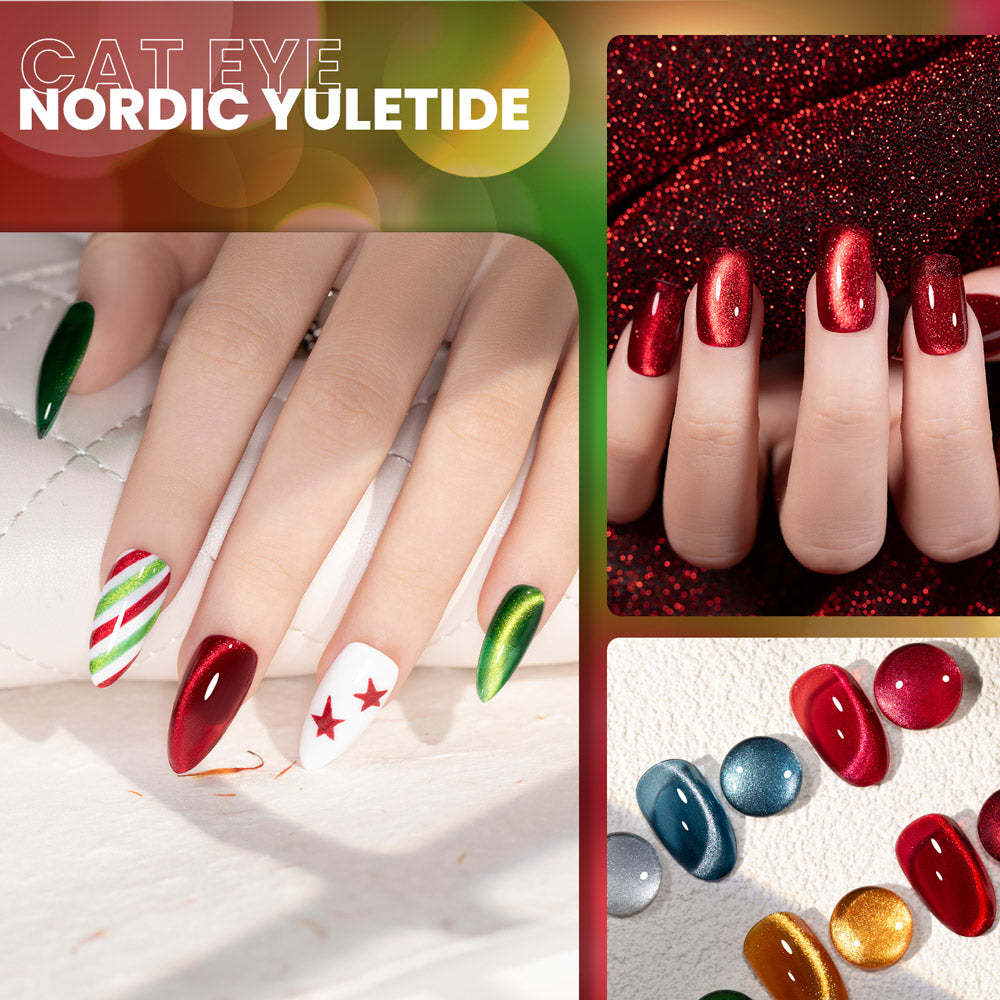Christmas cat eye gel polish on nails showing metallic shimmer HEMA TPO free vegan Nordic Yuletide colors
