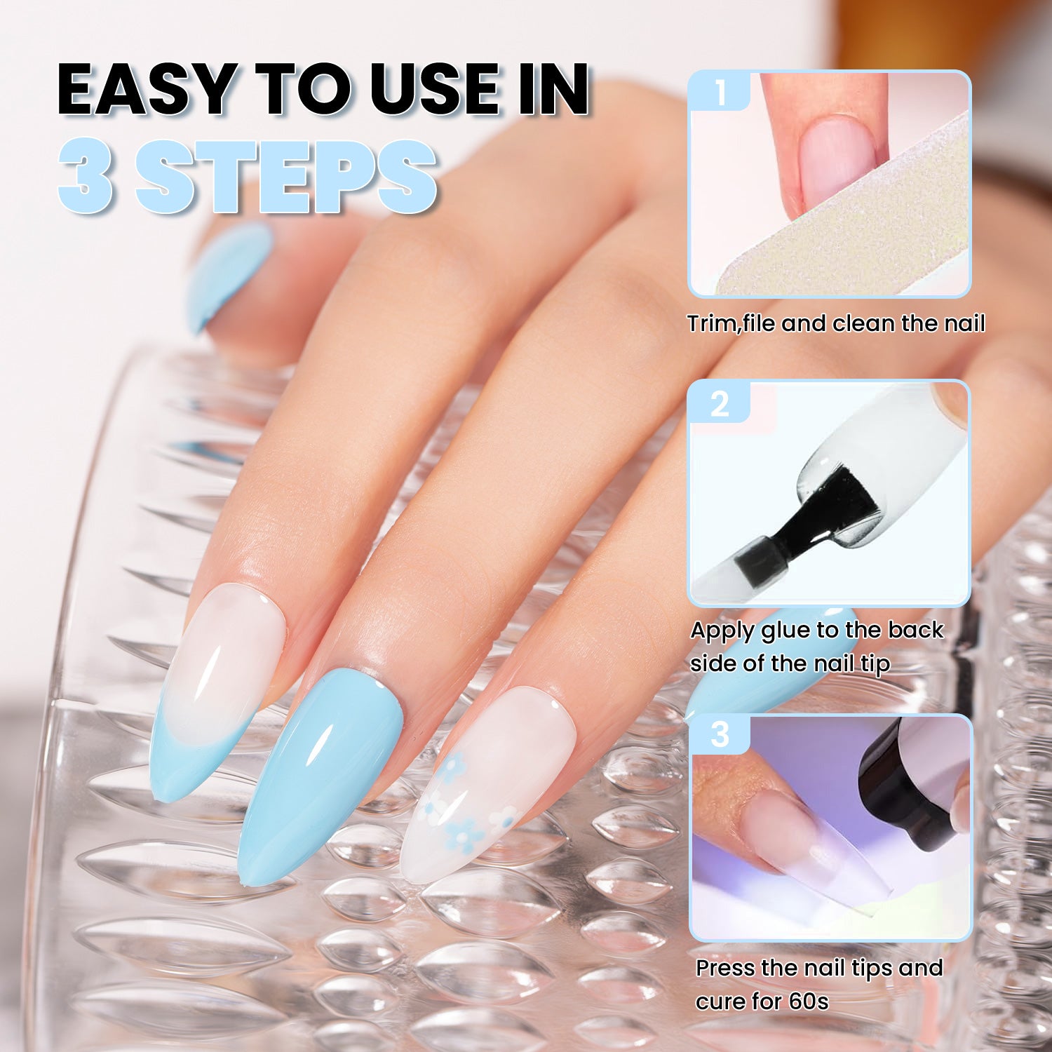 Easy to Use in 3 Steps - Trim File Clean Nail Apply Glue to Nail Tip Press and Cure 60s RARJSM Low Heat Nail Glue Gel
