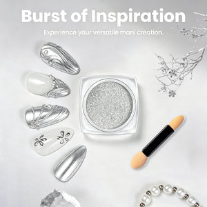 RARJSM Chrome Nail Powder overhead view with mirror effect nail swatches