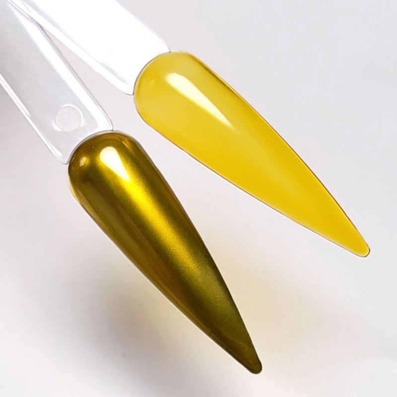 Before and after comparison: yellow jelly gel transformed into metallic gold chrome finish with silver painting gel application
