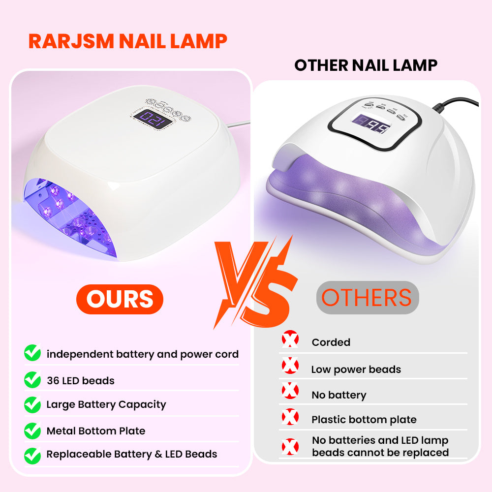 RARJSM nail lamp vs other nail lamp comparison independent battery power cord 36 LED beads large battery metal bottom plate replaceable
