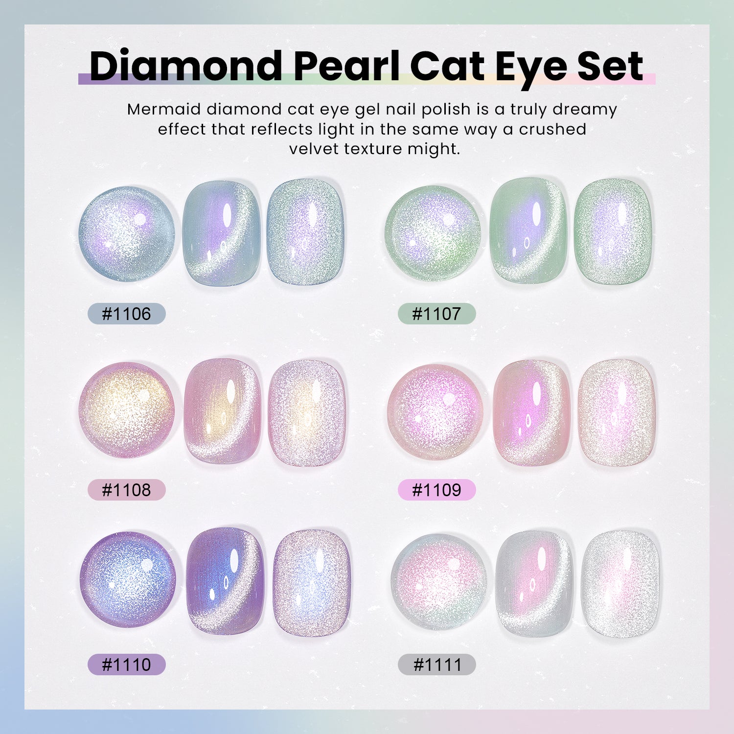 Diamond pearl cat eye set ethereal glow 6 colors luminous pastel shimmer galaxy-like effect crushed velvet texture moonlit sky enchanted meadow
