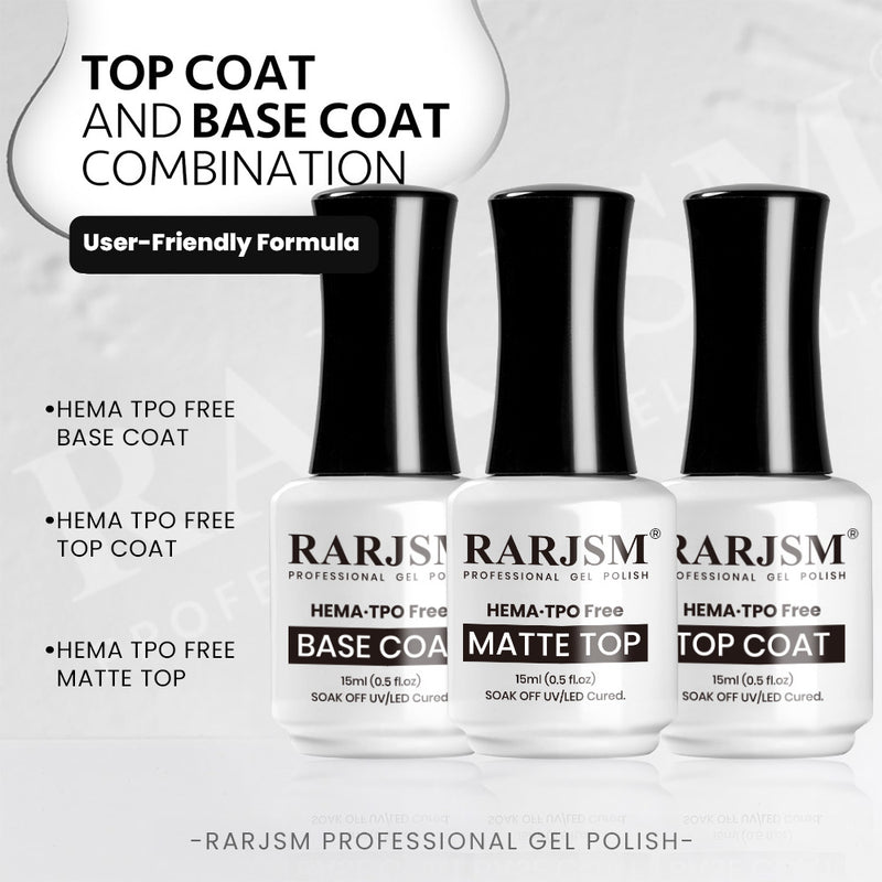 RARJSM Top Coat and Base Coat Combination - HEMA TPO FREE Base Coat Matte Top Shiny Top Coat User-Friendly Formula 15ml Professional Gel Polish
