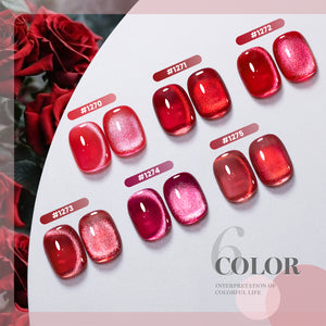 Red glitter cat eye gel polish swatches 6 colors 1270-1275 ruby wine crimson shimmer magnetic effect
