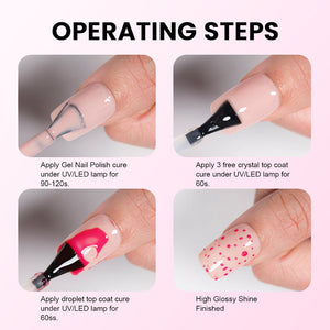 RARJSM 3D Magenta Droplet Top Coat Operating Steps - Apply gel polish, crystal top coat, magenta droplet top coat, high glossy shine finished