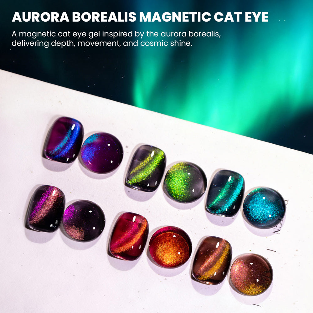 Aurora Borealis cat eye gel color chart 6 shades D327-D332 purple blue yellow-green teal magenta orange-red golden-brown magnetic effect swatches
