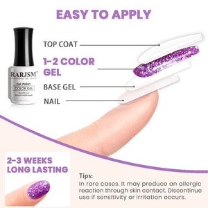 Purple glitter gel polish application guide 4 steps - base gel color gel top coat 2-3 weeks long-lasting
